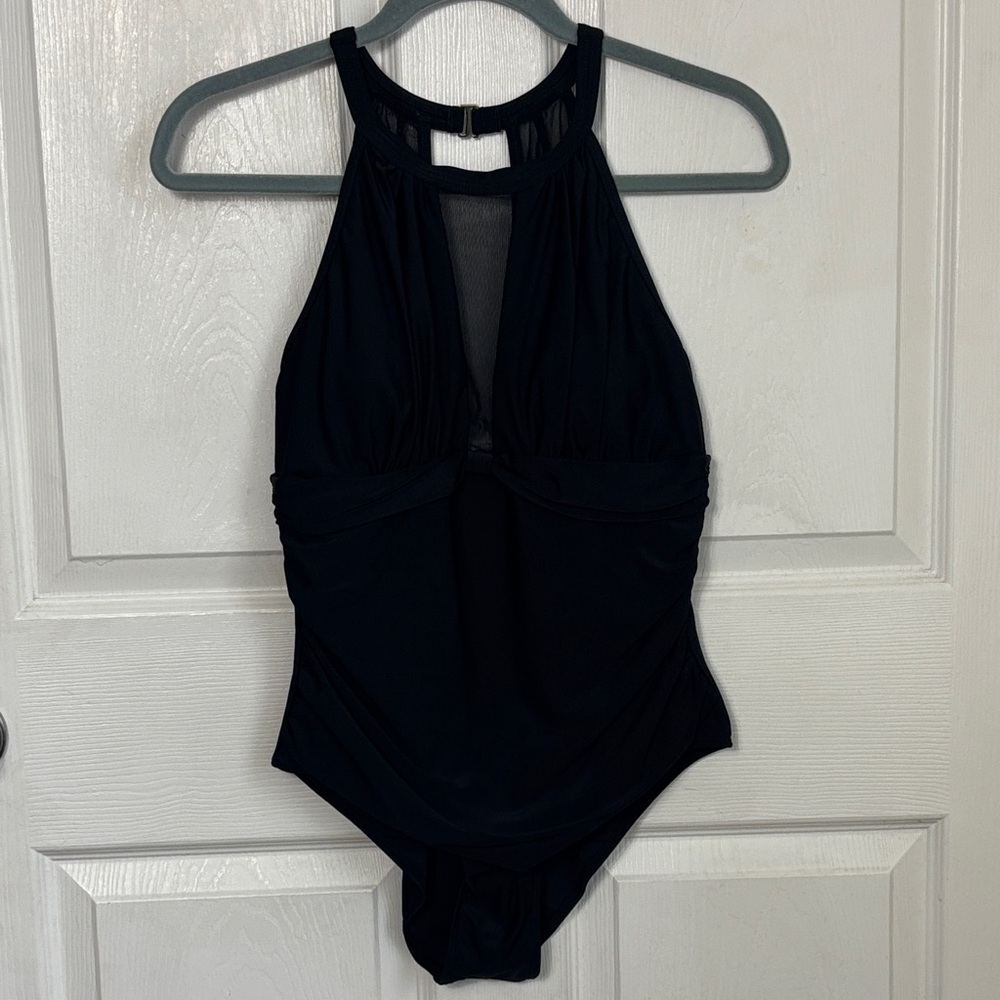 NEW TEMPT ME Black One Piece Swimsuit Classic Halter Style Mesh Chest Sz Medium